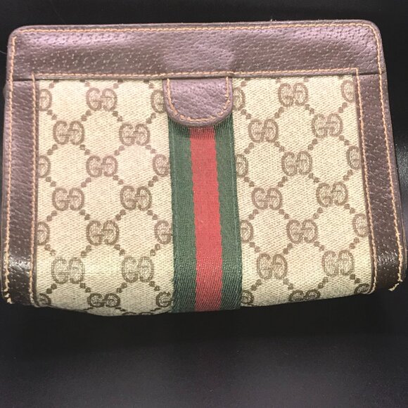 Gucci Web Vintage Brown Monogram PVC Canvas Leather Clutch / Cosmetic - Picture 2 of 16